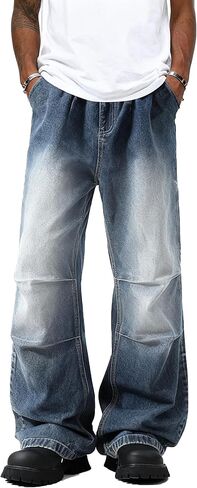 Men's Stack Baggy Wide Leg Jeans Elastic Waist Casual Streetwear Denim Pants with Pockets in Saudi Arabia