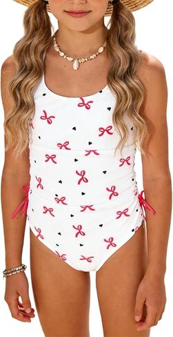 Girl's Cherry Print Swimsuit One Piece Ruched Side Drawstring Summer Beach Bathing Suit in Saudi Arabia