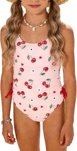 Girl's Cherry Print Swimsuit One Piece Ruched Side Drawstring Summer Beach Bathing Suit in Saudi Arabia
