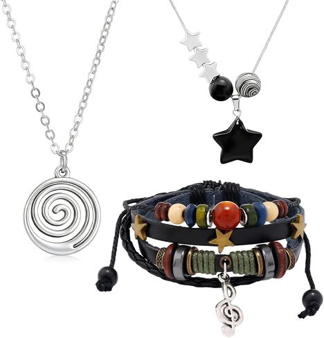 Fairy Grunge Jewelry Set for Women Men, Y2K Star Pendant Necklace, Gothic Swirl Chain Necklace, Multilayer Leather Bracelet with Music Note Decor, Punk Rock Alt Grunge Accessories Set in Saudi Arabia