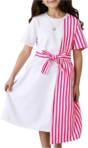 OYOANGLE Girl's Striped Short Sleeve Summer Tie Front Mini Dress Color Block Bow Asymmetrical Hem Dress in Saudi Arabia