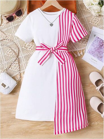 OYOANGLE Girl's Striped Short Sleeve Summer Tie Front Mini Dress Color Block Bow Asymmetrical Hem Dress in Saudi Arabia