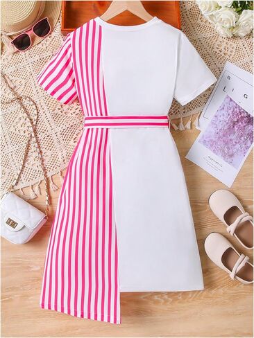 OYOANGLE Girl's Striped Short Sleeve Summer Tie Front Mini Dress Color Block Bow Asymmetrical Hem Dress in Saudi Arabia