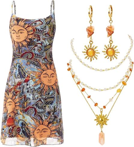 3 Pcs Vintage Hippie Boho Outfit Mini Dress Casual Crystal Sun Necklace Sun Earrings Accessories Gift in Saudi Arabia