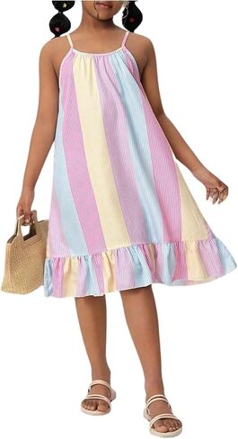 Verdusa Girl's Vacation Outfits Striped Colorblock Cami Dress Cute Ruffle Flowy Short Summer Dresses in Saudi Arabia