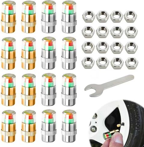 16 Pack Car Tire Pressure Monitor Valve Stem Caps, 2.4Bar 36PSI Tire Pressure Caps, with 3-Color Indicator Light for Warning, Compatible with Most Cars (Silver and Gold) in Saudi Arabia