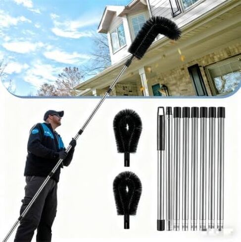 أدوات تنظيف الميزاب من الأرض - بطول 10.5 قدم مع 8 أعمدة وفرشتين، لا حاجة إلى سلم | أوراق سهلة التنظيف وحطام الأكواخ ومزاريب أسطح المنازل ومياه الصرف الصحي in Kuwait