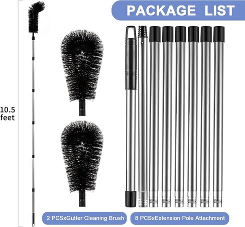 أدوات تنظيف الميزاب من الأرض - بطول 10.5 قدم مع 8 أعمدة وفرشتين، لا حاجة إلى سلم | أوراق سهلة التنظيف وحطام الأكواخ ومزاريب أسطح المنازل ومياه الصرف الصحي in Kuwait
