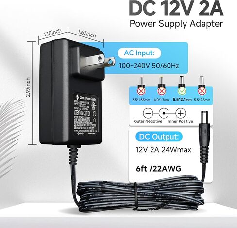 UL Listed 12V 2A 6ft AC Adapter, AC 100-240V to DC 12V 2000mA 1500mA 1000mA 500mA Power Supply Adapter for LED Strip Light, CCTV Camera, BT Speaker, GPS, Webcam, Router, DC 12V Transformer in Saudi Arabia