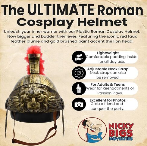 Nicky Bigs Novelties Deluxe Adult Roman Helmet with Red Fake Feather Plume Size Large Greek Gladiator Costume Helmets Trojan Legion Helmet Adjustable in Saudi Arabia