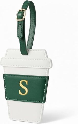 Personalized Initial Luggage Tags with Gold Embroidery, PU Leather Travel ID Tag for Suitcases & Backpacks, Cute Cartoon Design Bag Identifier (Coffee Cup, A) in Saudi Arabia