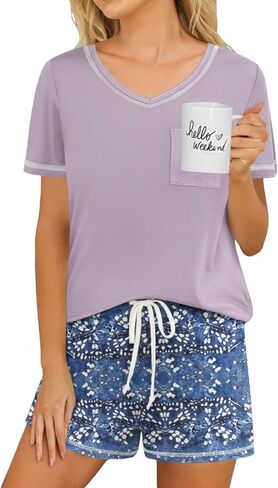 Ekouaer Pajama Set for Women 2 Piece Lounge Set Short Sleeve Tops and Shorts Print Pjs Sleepwear with Pockets in Saudi Arabia