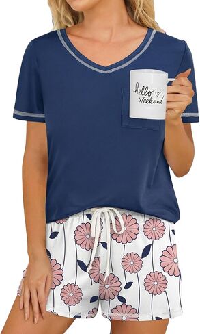 Ekouaer Pajama Set for Women 2 Piece Lounge Set Short Sleeve Tops and Shorts Print Pjs Sleepwear with Pockets in Saudi Arabia
