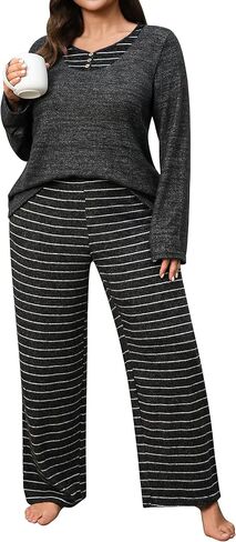 Blooming Jelly Womens Plus Size Pajamas Color Block Pajama Sets Button Down Lounge Sets 2 Piece V Neck Long Sleeve Pj in Saudi Arabia