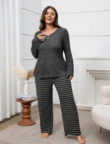 Blooming Jelly Womens Plus Size Pajamas Color Block Pajama Sets Button Down Lounge Sets 2 Piece V Neck Long Sleeve Pj in Saudi Arabia