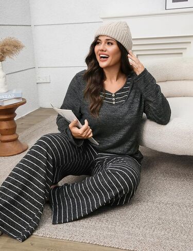 Blooming Jelly Womens Plus Size Pajamas Color Block Pajama Sets Button Down Lounge Sets 2 Piece V Neck Long Sleeve Pj in Saudi Arabia