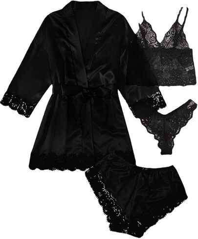 Sexy Women's 4-Piece Silk Satin Pajamas Set - Floral Lace Cami Sleepwear with Robe & Matching Lingerie in Saudi Arabia