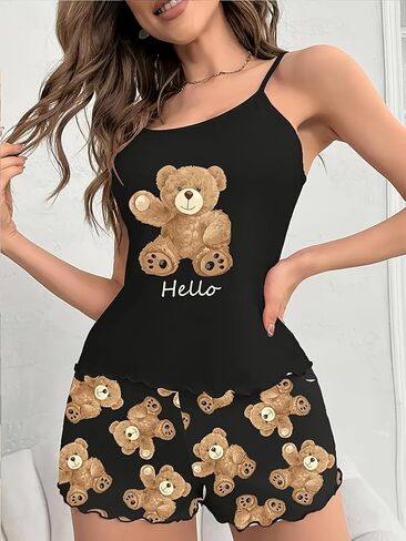 Women 2 Piece Cartoon Bear Print Pajamas Sets Spaghetti Strap Tops and Shorts Cute PJS Lounge Set Outfit in Saudi Arabia