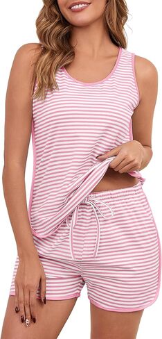 Womens Cotton Pajama Sets Striped Sleeveles Tank Top and Shorts Lounge Set Summer 2 Piece Sleepwear Sleep Set 2026 in Saudi Arabia