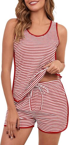 Womens Cotton Pajama Sets Striped Sleeveles Tank Top and Shorts Lounge Set Summer 2 Piece Sleepwear Sleep Set 2026 in Saudi Arabia