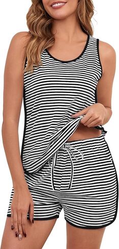 طقم بيجامة نسائي قطني أكمام مخططة بدون أكمام وسروال قصير طقم صالة صيفي 2 قطعة ملابس نوم طقم نوم 2026 in Kuwait