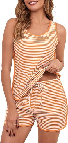 Womens Cotton Pajama Sets Striped Sleeveles Tank Top and Shorts Lounge Set Summer 2 Piece Sleepwear Sleep Set 2026 in Saudi Arabia