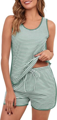 Womens Cotton Pajama Sets Striped Sleeveles Tank Top and Shorts Lounge Set Summer 2 Piece Sleepwear Sleep Set 2026 in Saudi Arabia