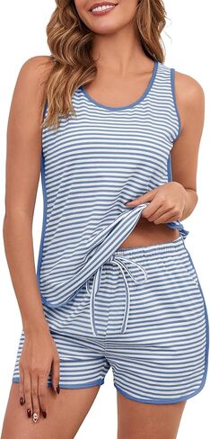 Womens Cotton Pajama Sets Striped Sleeveles Tank Top and Shorts Lounge Set Summer 2 Piece Sleepwear Sleep Set 2026 in Saudi Arabia