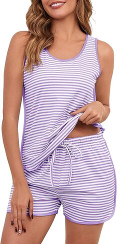 Womens Cotton Pajama Sets Striped Sleeveles Tank Top and Shorts Lounge Set Summer 2 Piece Sleepwear Sleep Set 2026 in Saudi Arabia
