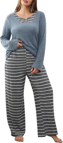 Blooming Jelly Womens Plus Size Pajamas Color Block Pajama Sets Button Down Lounge Sets 2 Piece V Neck Long Sleeve Pj in Saudi Arabia