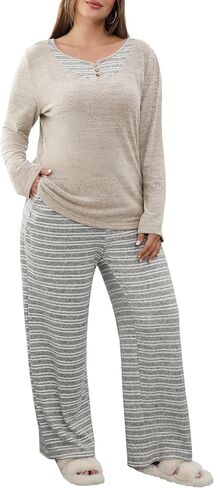 Blooming Jelly Womens Plus Size Pajamas Color Block Pajama Sets Button Down Lounge Sets 2 Piece V Neck Long Sleeve Pj in Saudi Arabia