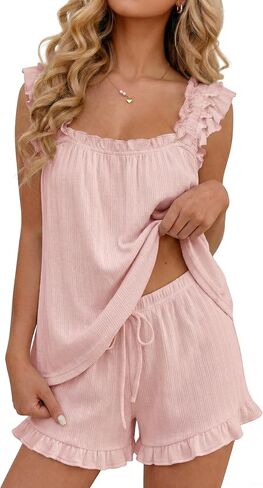 OUGES 100% Cotton Pajamas for Women Set 2 Piece Cute Bridal Pjs Ruffle Tank Top and Shorts Sleepwear Soft Lounge Set in Saudi Arabia