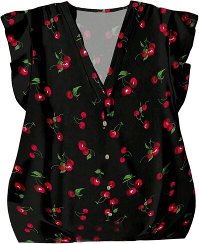 SHENHE Women's Summer Dressy Casual Blouse Cherry Print Ruffle Cap Sleeve V Neck Top Shirt in Saudi Arabia