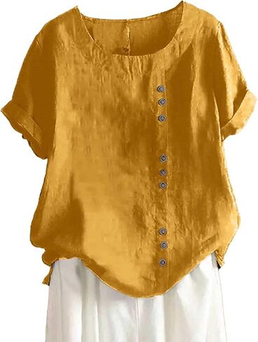 Linen Tops for Women Summer Vintage Solid Color Short Sleeve Cotton Shirts Casual Oversized Round Neck Boho Blouse in Kuwait