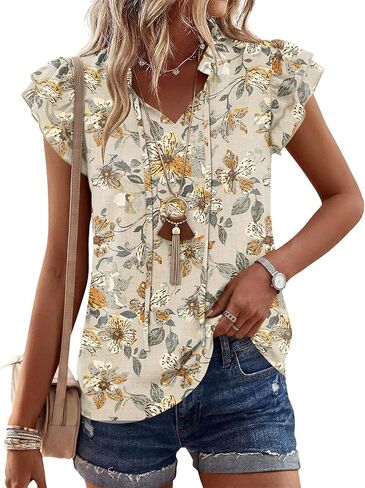 LOMON Floral Summer Tops 2026 Trendy V Neck Ruffle Cap Short Sleeve Drawstring Work Shirts Cute Flowy Boho Chiffon Blouses in Saudi Arabia