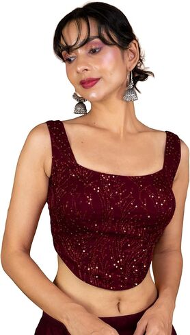 مشد نسائي من FIGURE'S DESIGNER مطرز يدويًا بالترتر بدون أكمام ورقبة مربعة وبلوزة ساري جاهزة C2 in Kuwait