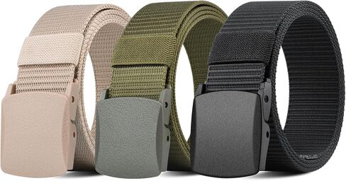 3 Pack Military Canvas Tactical Belts Men, Holes Free Nylon Web Mens Belt with Quick Release Plastic Buckle, TSA Safe in Saudi Arabia