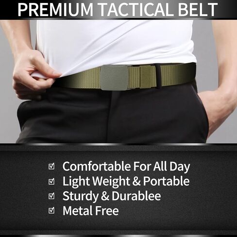 3 Pack Military Canvas Tactical Belts Men, Holes Free Nylon Web Mens Belt with Quick Release Plastic Buckle, TSA Safe in Saudi Arabia