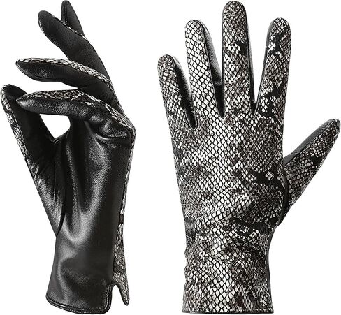 قفازات LJYH النسائية من جلد الخراف الأصلي بنمط جلد الثعبان - قفازات شتوية دافئة تعمل باللمس متوافقة مع الكشمير مبطنة بالكشمير، قفازات كلاسيكية للقيادة والسهرات والحفلات والارتداء اليومي للسيدات فضي مقاس واحد in Kuwait