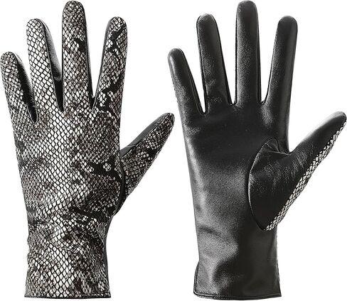 قفازات LJYH النسائية من جلد الخراف الأصلي بنمط جلد الثعبان - قفازات شتوية دافئة تعمل باللمس متوافقة مع الكشمير مبطنة بالكشمير، قفازات كلاسيكية للقيادة والسهرات والحفلات والارتداء اليومي للسيدات فضي مقاس واحد in Kuwait