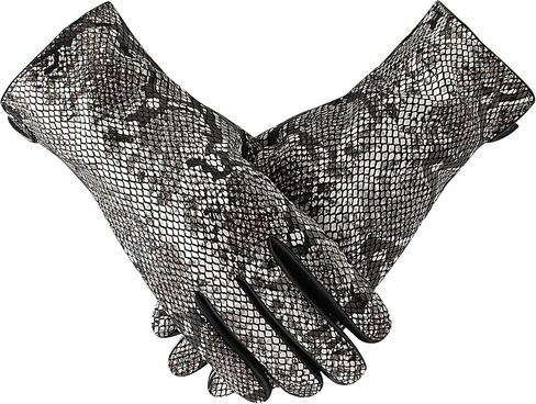 قفازات LJYH النسائية من جلد الخراف الأصلي بنمط جلد الثعبان - قفازات شتوية دافئة تعمل باللمس متوافقة مع الكشمير مبطنة بالكشمير، قفازات كلاسيكية للقيادة والسهرات والحفلات والارتداء اليومي للسيدات فضي مقاس واحد in Kuwait