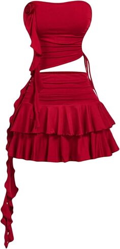 GORGLITTER Women's 2 Piece Skirt Sets 3D Floral Strapless Tube Top and Tiered Ruffle Mini Skirt Going Out Outfits in Saudi Arabia