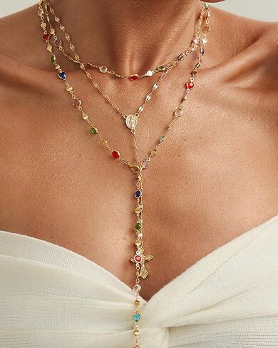 Long Gold Cross Necklaces for Women Colorful Crystal Gemstone Y Shaped Necklaces Layered Rhinestone Gold Cross Pendant Clavicle Neck-lace Wedding Party Prom Jewelry Accessories Gifts for Her in Saudi Arabia