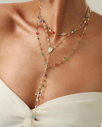 Long Gold Cross Necklaces for Women Colorful Crystal Gemstone Y Shaped Necklaces Layered Rhinestone Gold Cross Pendant Clavicle Neck-lace Wedding Party Prom Jewelry Accessories Gifts for Her in Saudi Arabia