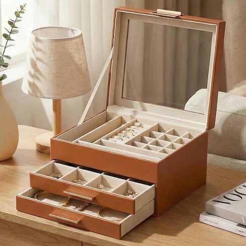 Jewelry Box Organizer with Glass Lid, 3-Layer Jewelry Storage, with 2 Drawers, Modern Style, 8 x 9.1 x 5.3 Inches (White) in Saudi Arabia