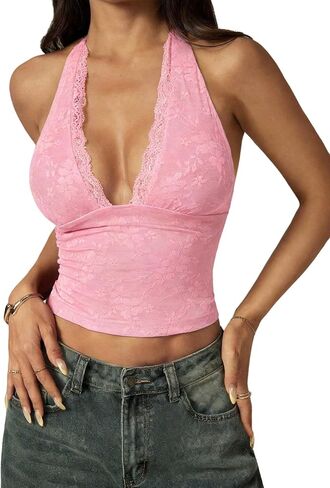 Women's Y2k Tops Floral Lace Halter Tie Back Going Out Top Sexy Deep V Neck Backless Rave Cami in Saudi Arabia
