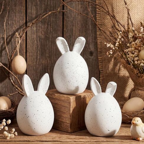 RattanView 3 Pcs Easter Modern Figurine Decoration Speckled Eggs with Bunny Ears White Bunny Statues Neutral Resin Rabbit for Spring Home Table Centerpiece Indoor Living Room Holiday Party Decor in Saudi Arabia