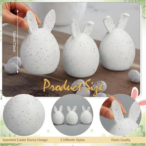 RattanView 3 Pcs Easter Modern Figurine Decoration Speckled Eggs with Bunny Ears White Bunny Statues Neutral Resin Rabbit for Spring Home Table Centerpiece Indoor Living Room Holiday Party Decor in Saudi Arabia