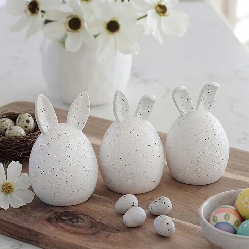 RattanView 3 Pcs Easter Modern Figurine Decoration Speckled Eggs with Bunny Ears White Bunny Statues Neutral Resin Rabbit for Spring Home Table Centerpiece Indoor Living Room Holiday Party Decor in Saudi Arabia