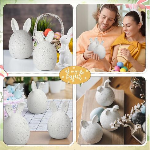 RattanView 3 Pcs Easter Modern Figurine Decoration Speckled Eggs with Bunny Ears White Bunny Statues Neutral Resin Rabbit for Spring Home Table Centerpiece Indoor Living Room Holiday Party Decor in Saudi Arabia